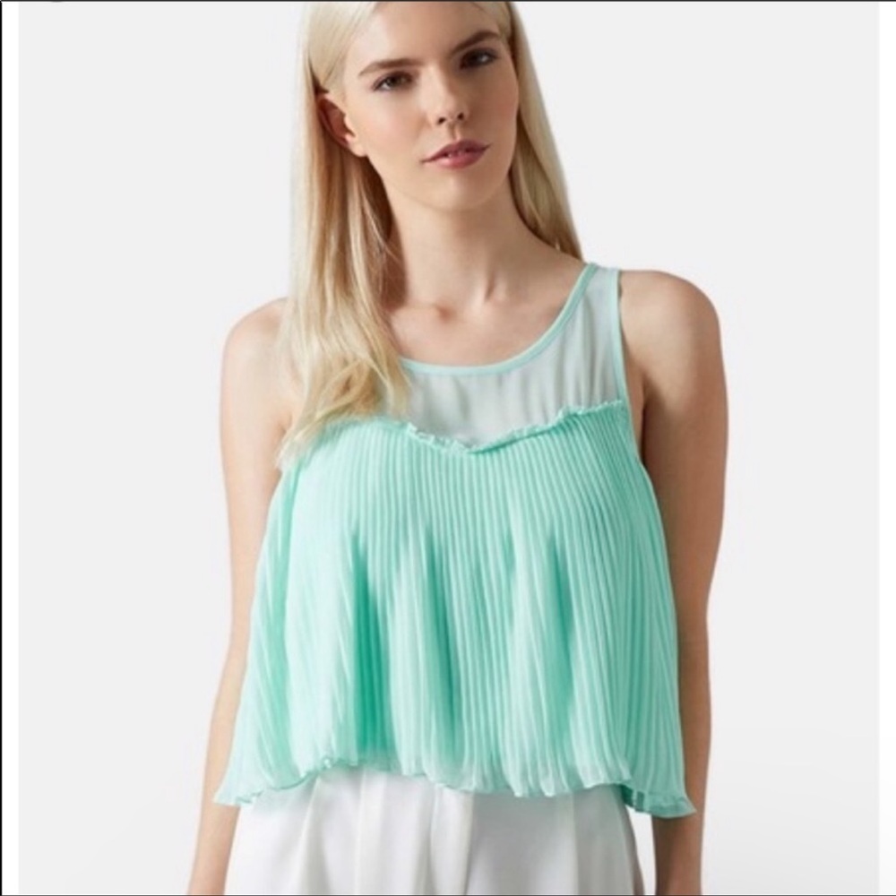 Topshop Pleated Cropped Sleeveless Tank Top Mint Green, Size 4